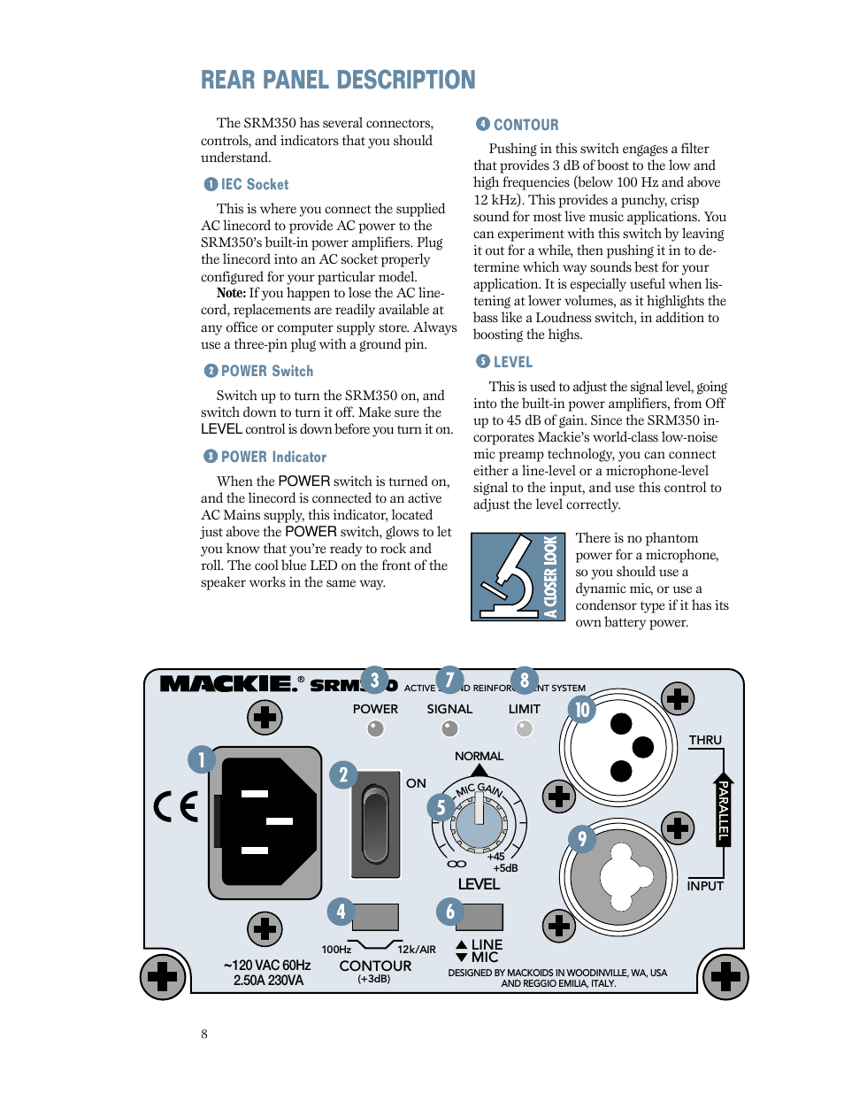 Rear panel description, Iec socket, Power switch | Power indicator, Contour, Level | MACKIE SRM350 2-WAY User Manual | Page 8 / 20