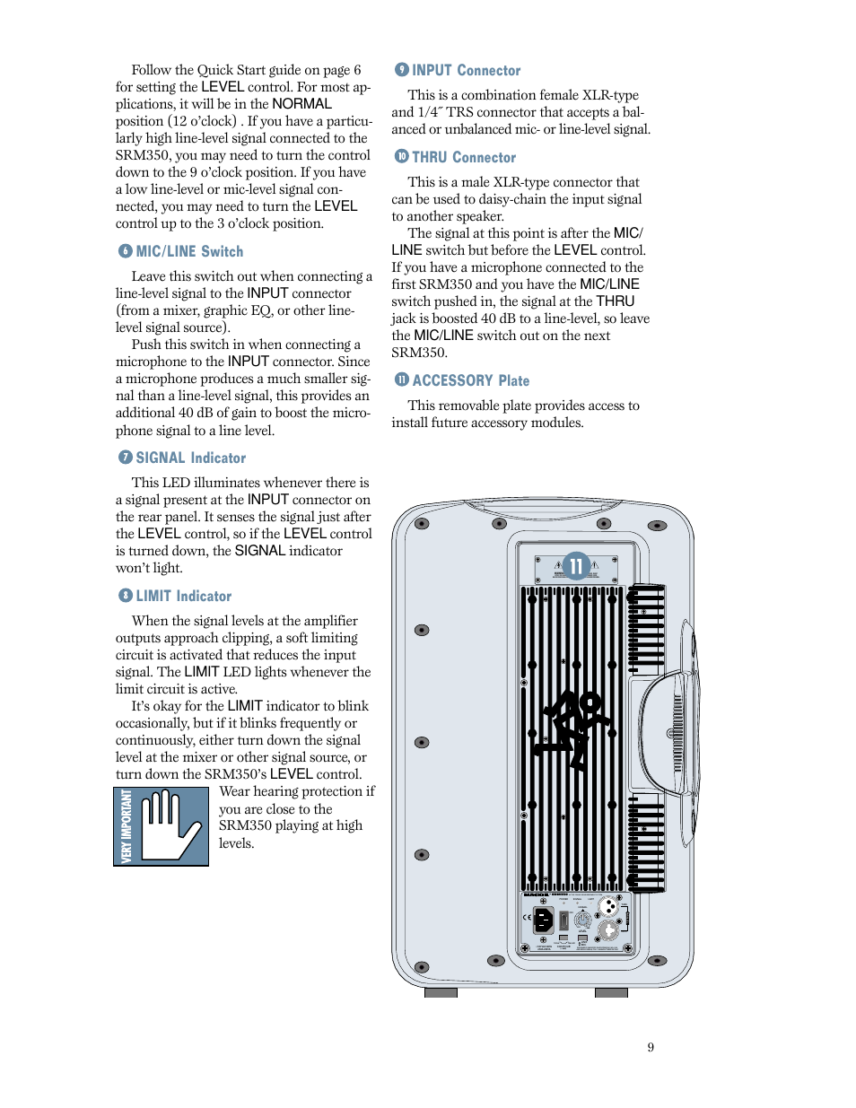 Mic/line switch, Signal indicator, Limit indicator | Input connector, Thru connector, Accessory plate, Active sound reinforcement system | MACKIE SRM350 2-WAY User Manual | Page 9 / 20