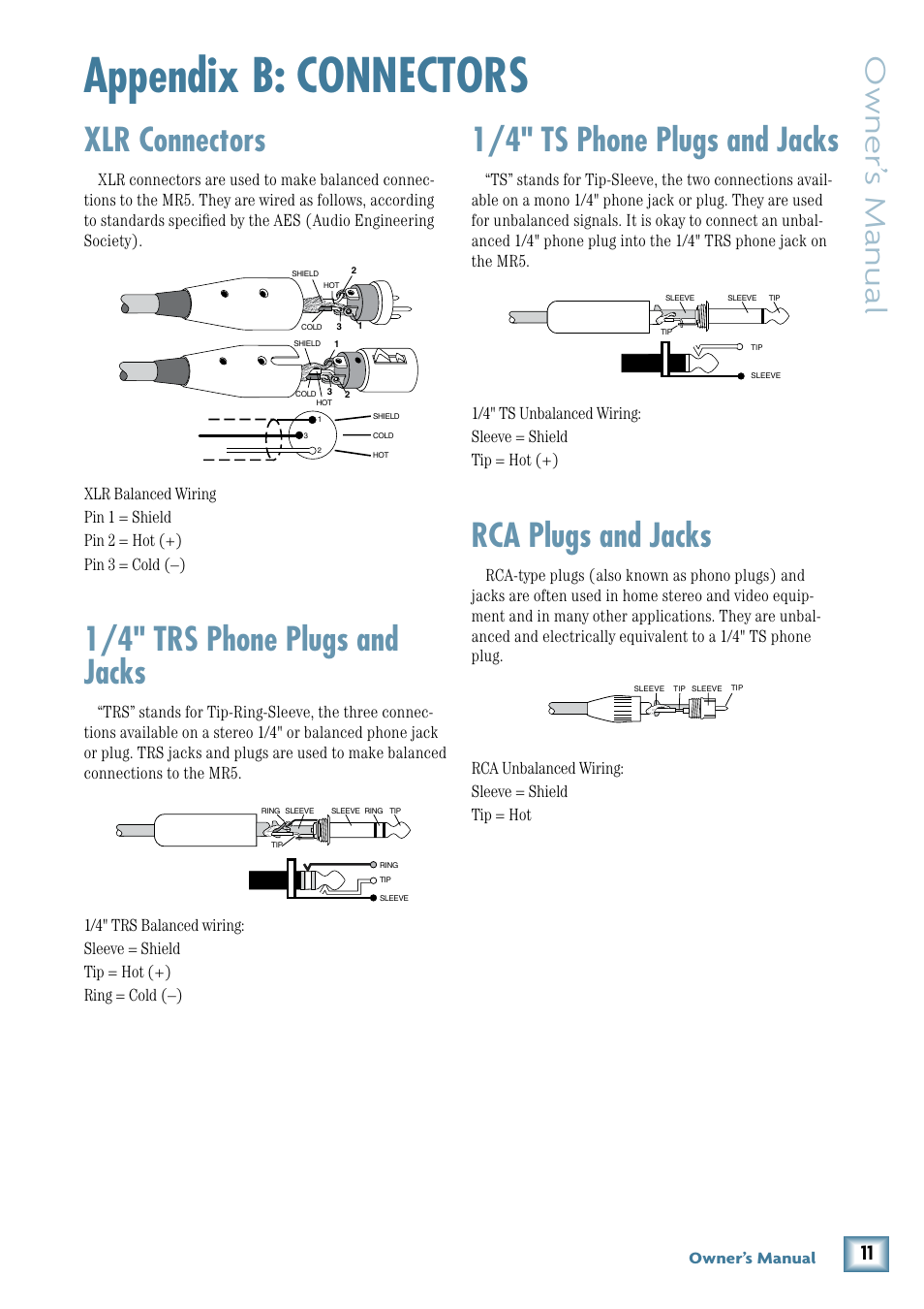 Appendix b: connectors, Xlr connectors, 1/4" trs phone plugs and jacks | 1/4" ts phone plugs and jacks, Rca plugs and jacks, Owner’ s manual | MACKIE MR5 User Manual | Page 11 / 16