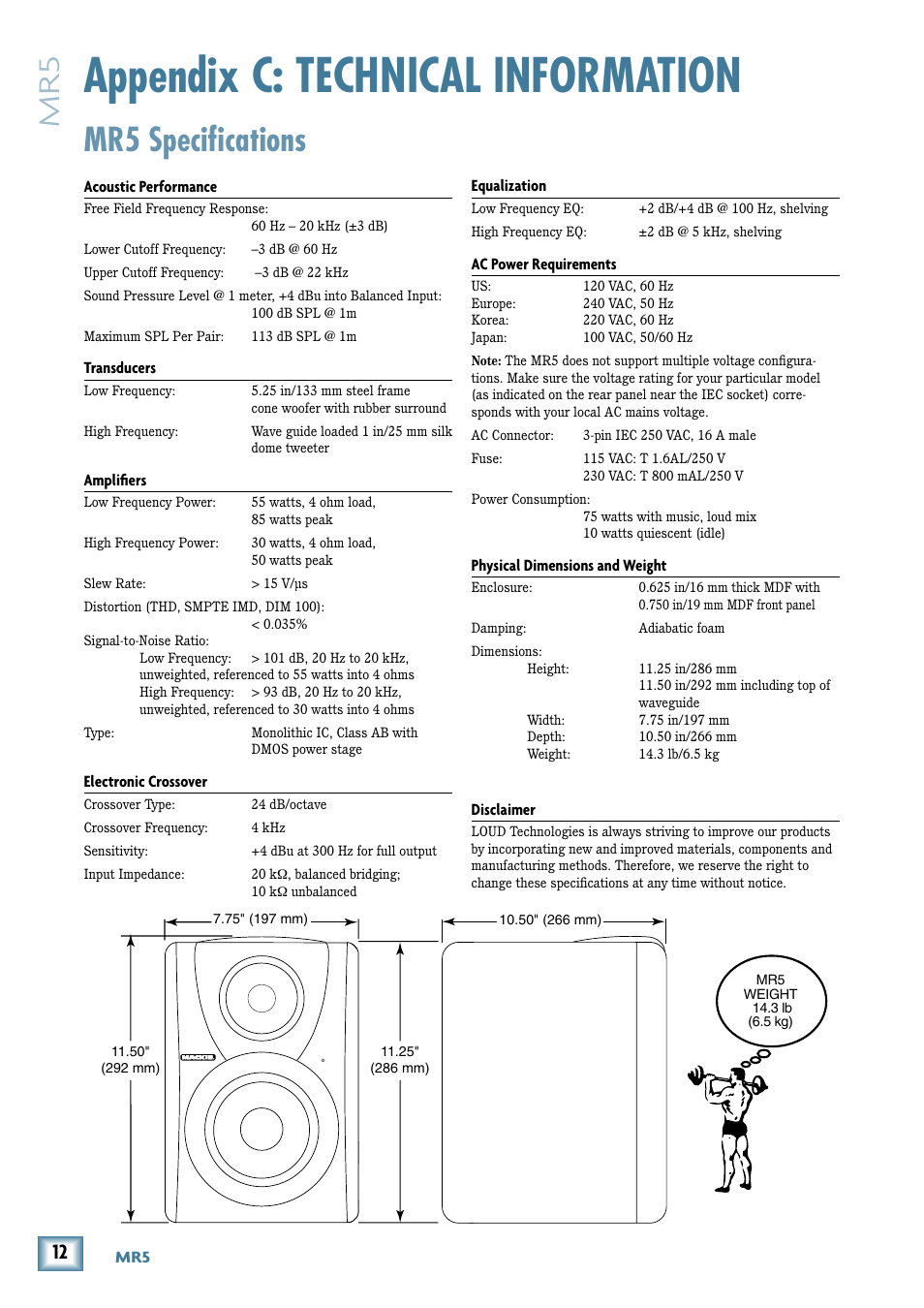 Appendix c: technical information, Mr5 specifications | MACKIE MR5 User Manual | Page 12 / 16