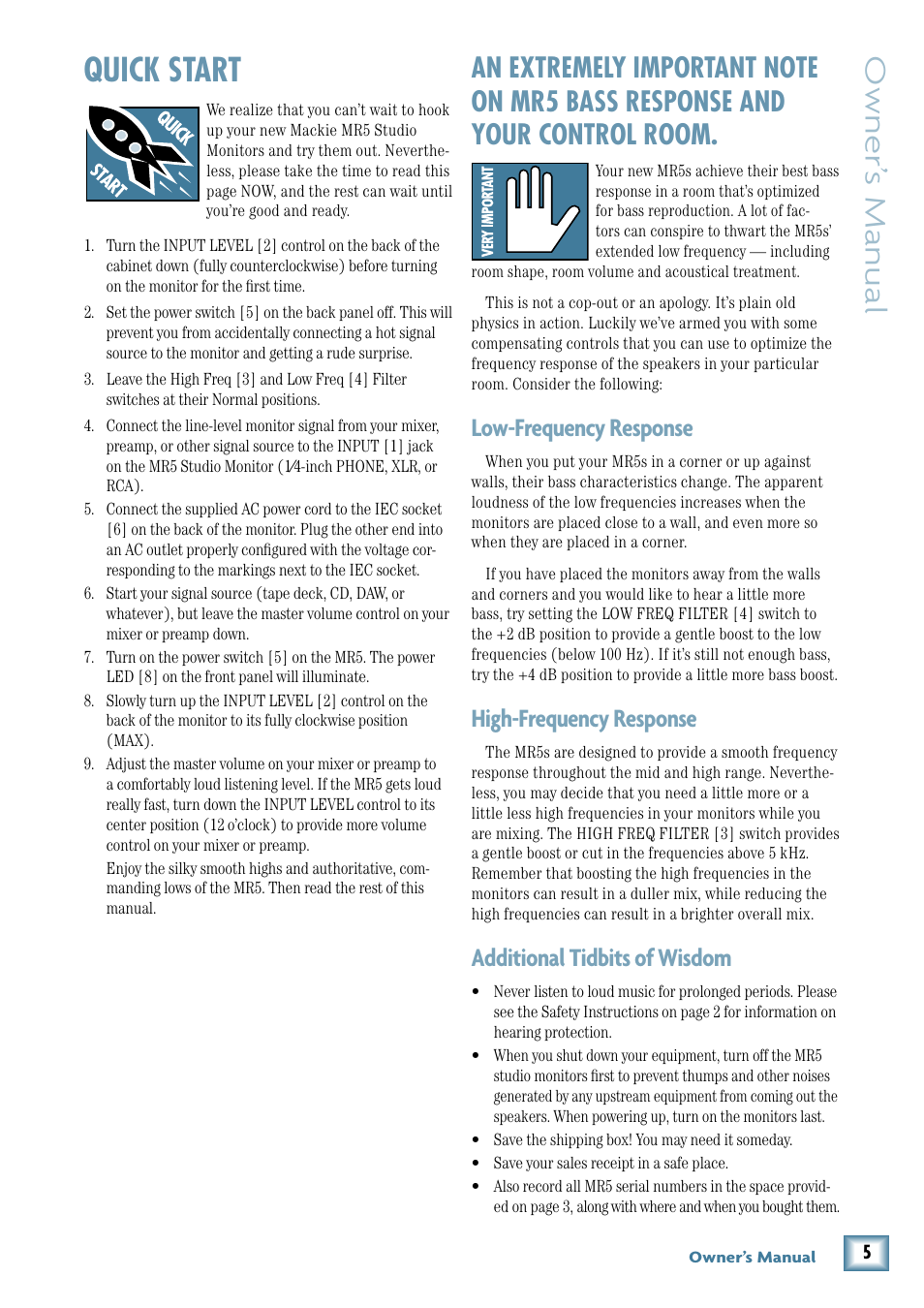 Quick start, Owner’ s manual, Low-frequency response | High-frequency response, Additional tidbits of wisdom | MACKIE MR5 User Manual | Page 5 / 16