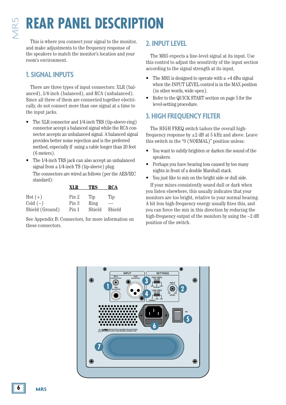 Rear panel description, Signal inputs, Input level | High frequency filter | MACKIE MR5 User Manual | Page 6 / 16