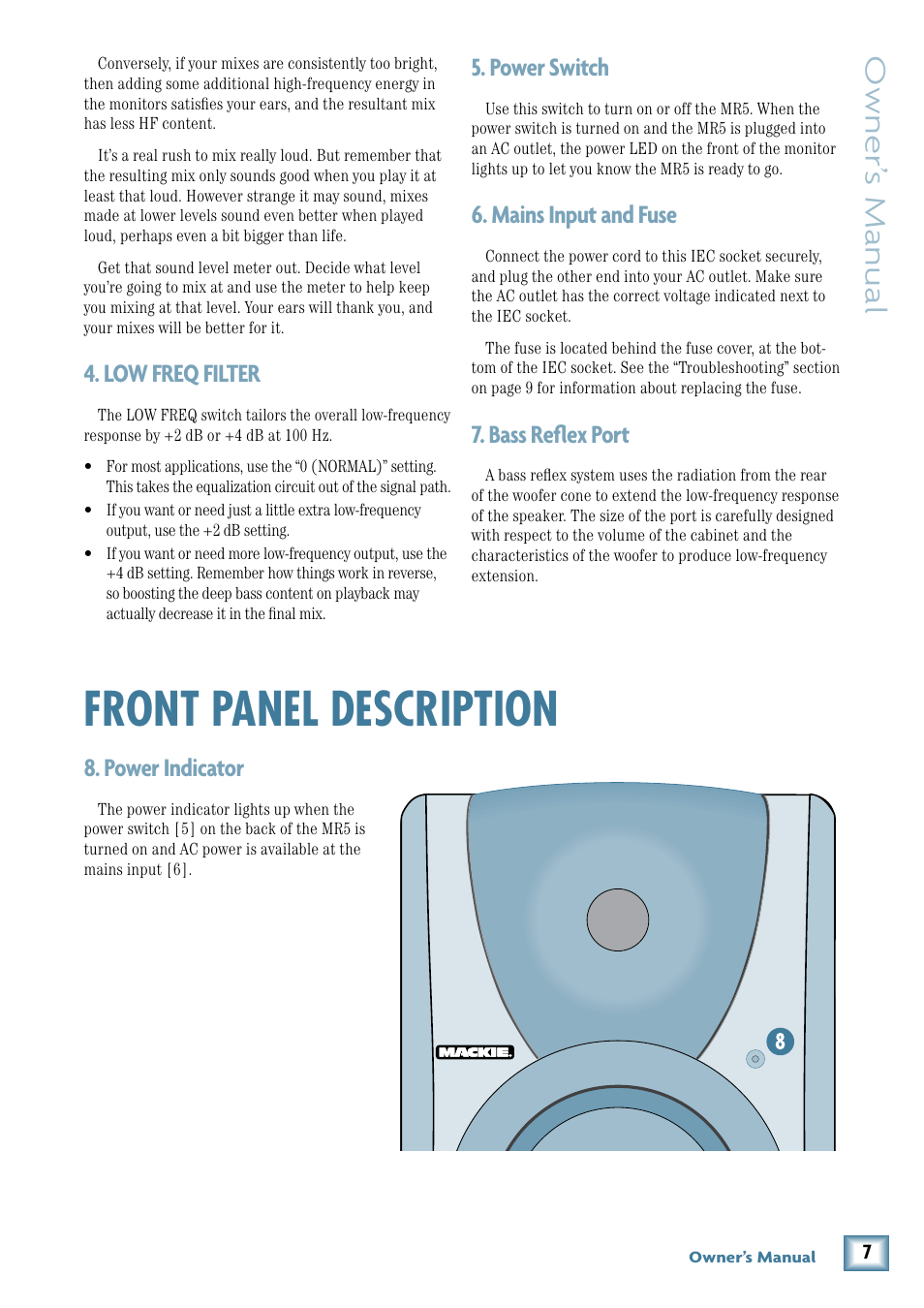 Low freq filter, Power switch, Mains input and fuse | Bass reflex port, Front panel description, Power indicator, Owner’ s manual | MACKIE MR5 User Manual | Page 7 / 16