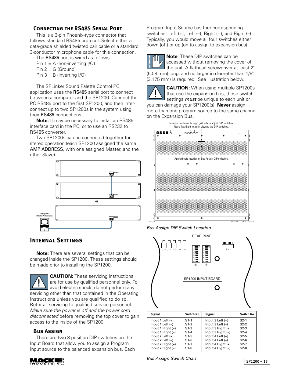 Internal settings, Connecting the rs485 serial port, Bus assign | MACKIE SP1200 User Manual | Page 13 / 28