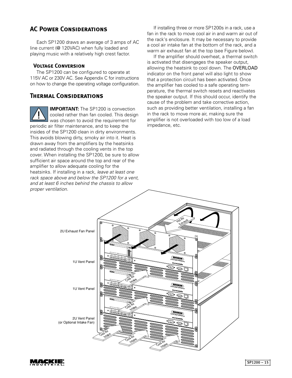 Ac power considerations, Thermal considerations, Voltage conversion | MACKIE SP1200 User Manual | Page 15 / 28