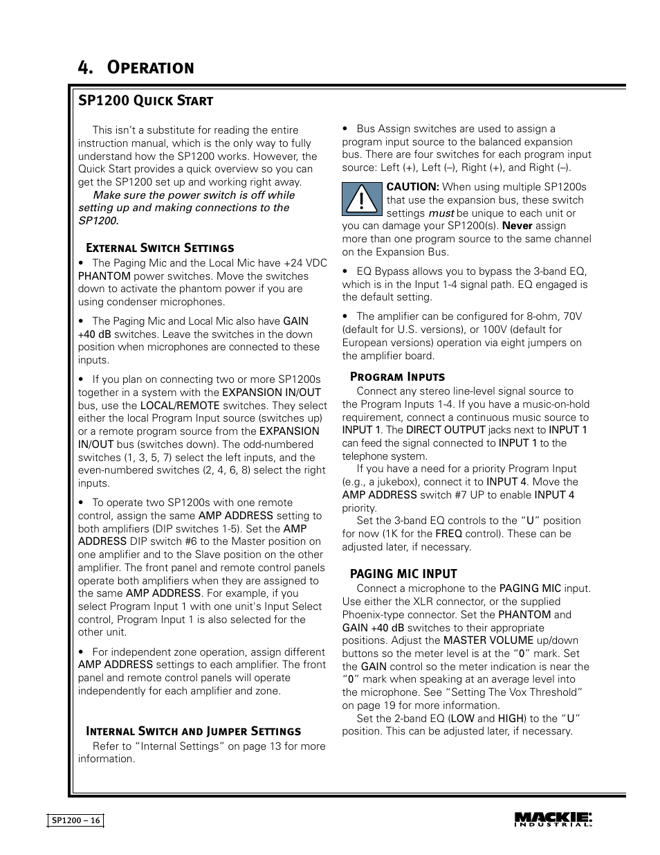 Operation, Sp1200 quick start | MACKIE SP1200 User Manual | Page 16 / 28