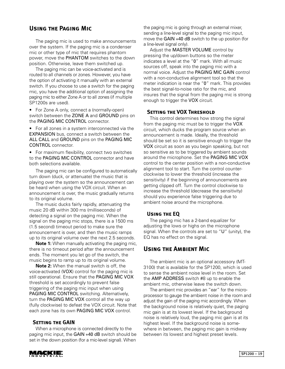 Using the paging mic, Using the ambient mic | MACKIE SP1200 User Manual | Page 19 / 28