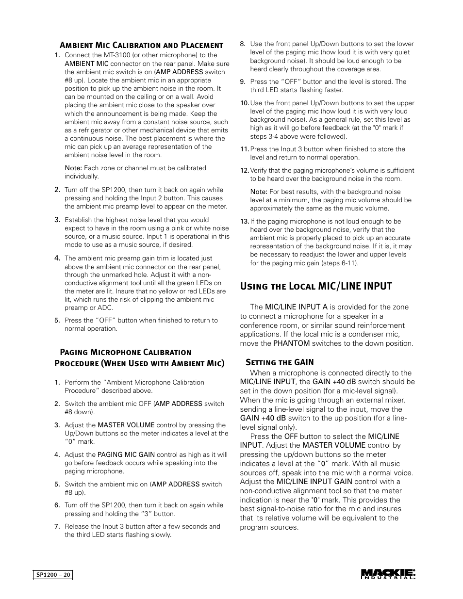 Using the local mic/line input | MACKIE SP1200 User Manual | Page 20 / 28