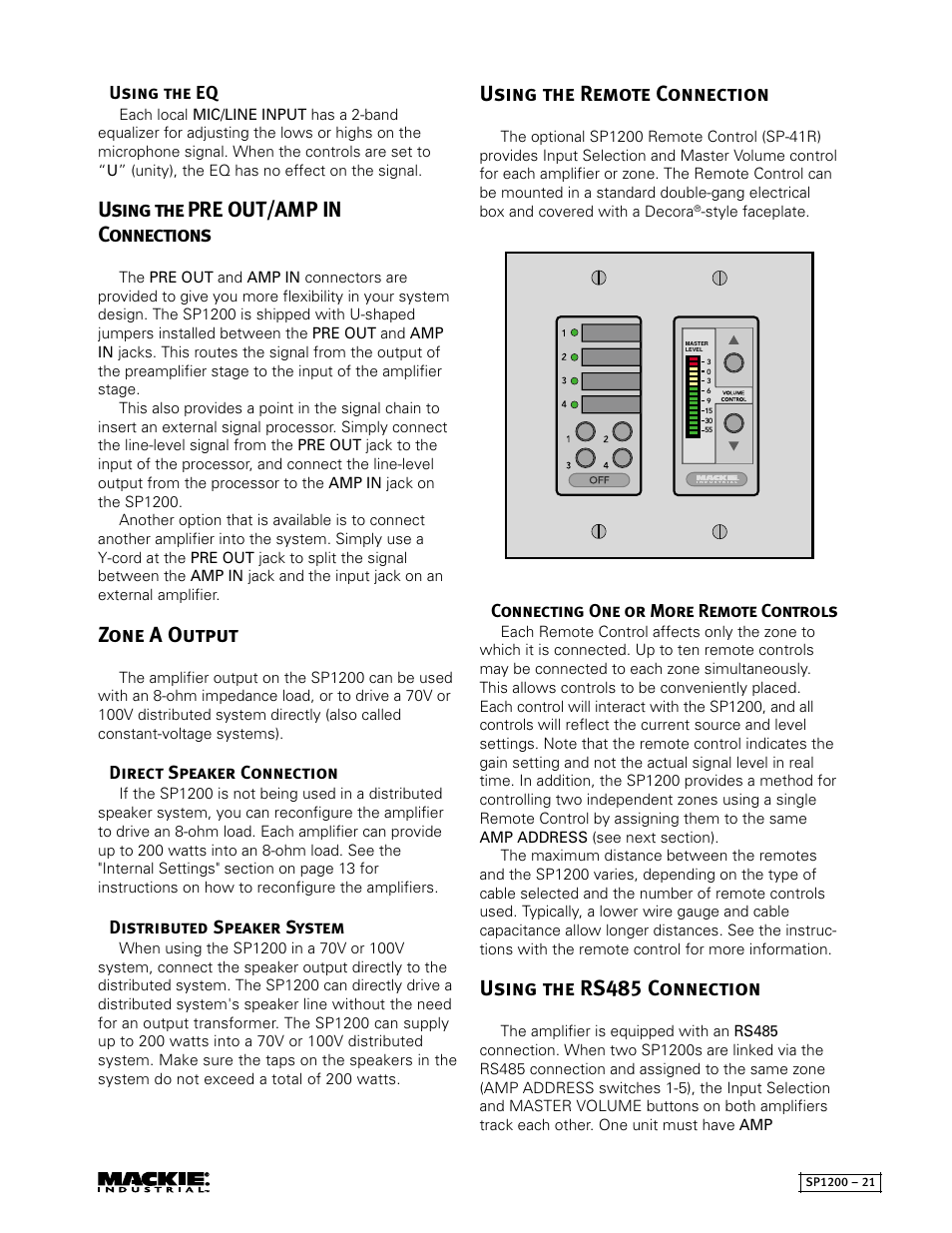 Using the pre out/amp in connections, Zone a output, Using the remote connection | Using the rs485 connection | MACKIE SP1200 User Manual | Page 21 / 28