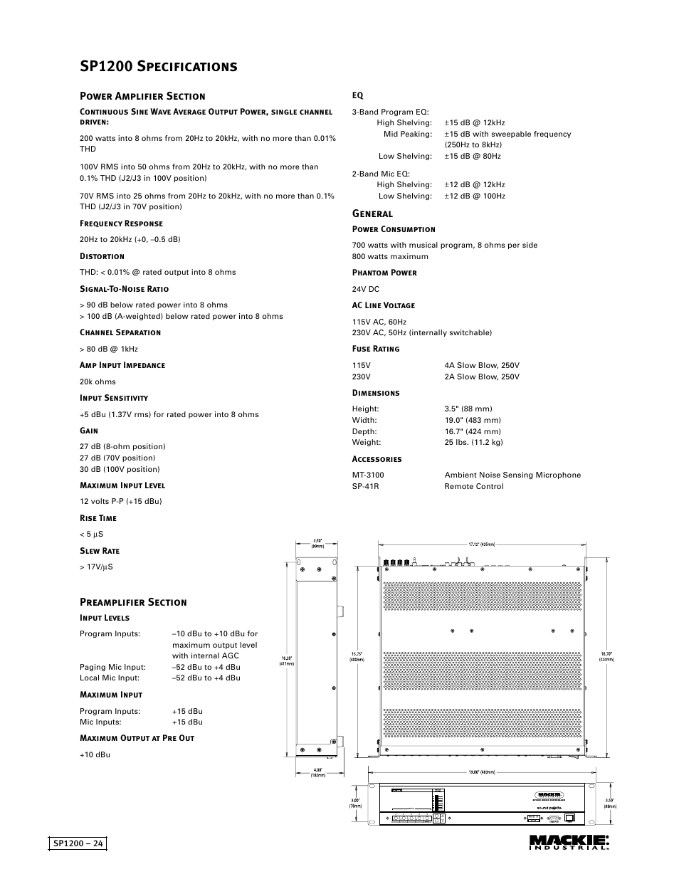 Sp1200 specifications, General | MACKIE SP1200 User Manual | Page 24 / 28