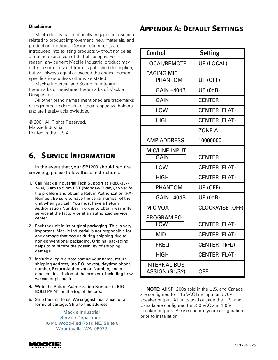 Service information, Appendix a: default settings, Control setting | MACKIE SP1200 User Manual | Page 25 / 28