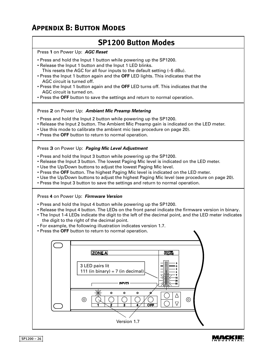 Appendix b: button modes, Sp1200 button modes | MACKIE SP1200 User Manual | Page 26 / 28