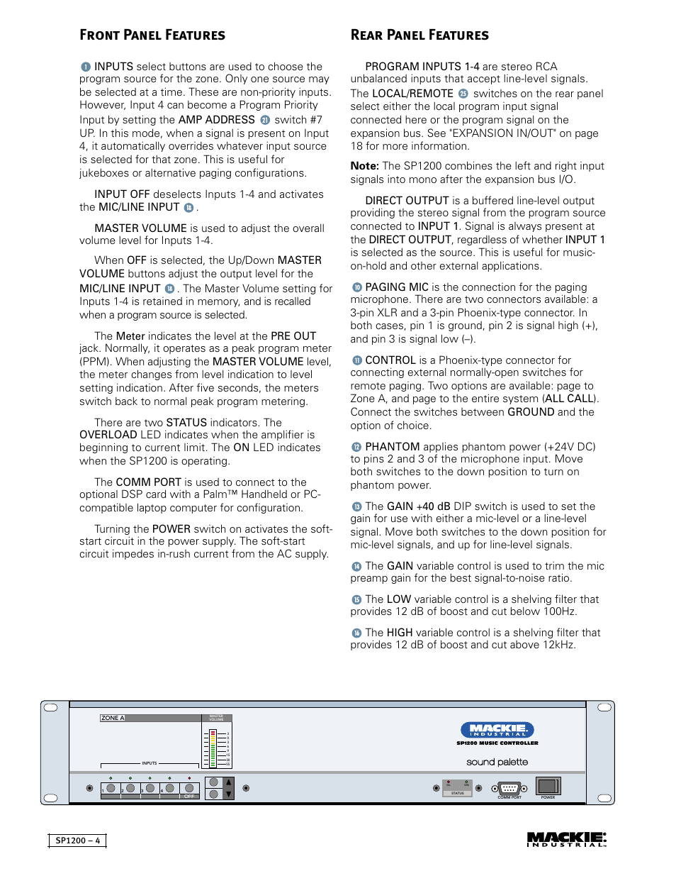 Front panel features, Rear panel features | MACKIE SP1200 User Manual | Page 4 / 28