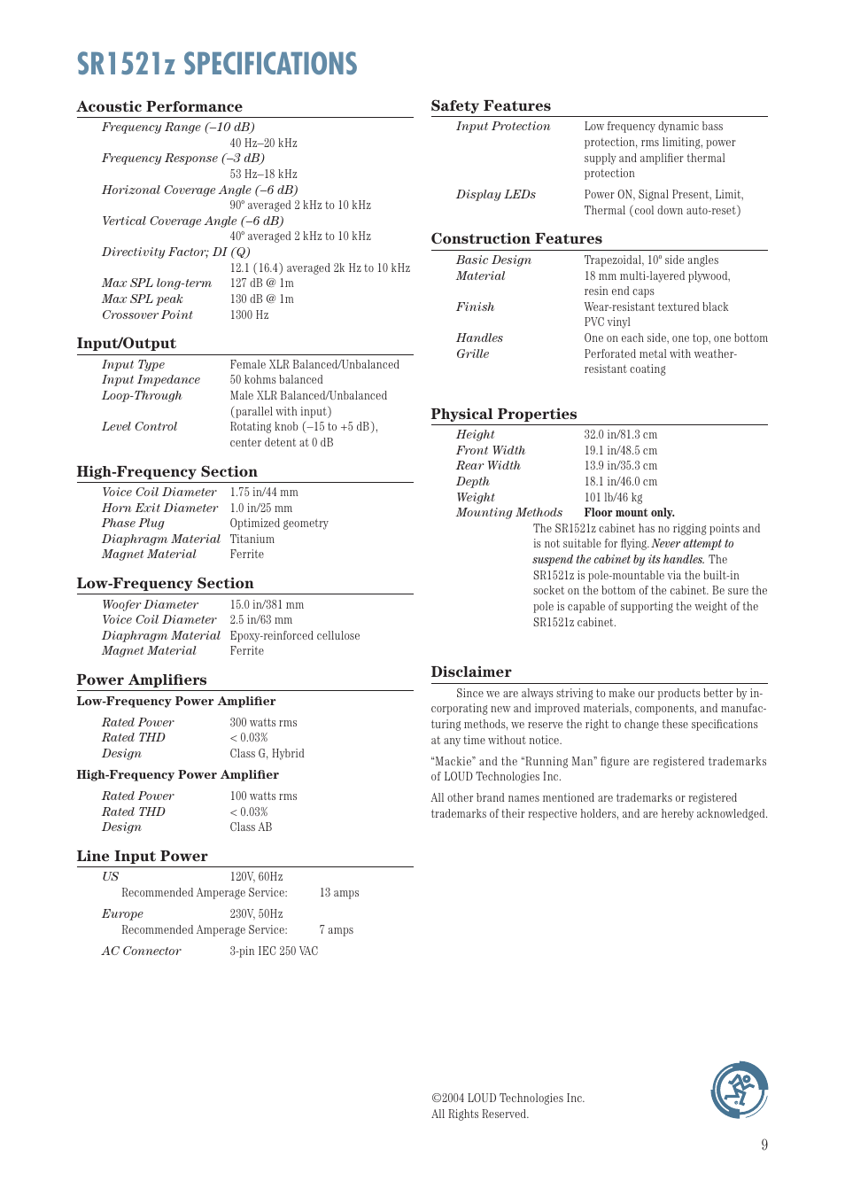 Sr1521z specifications | MACKIE SR1521Z User Manual | Page 9 / 12