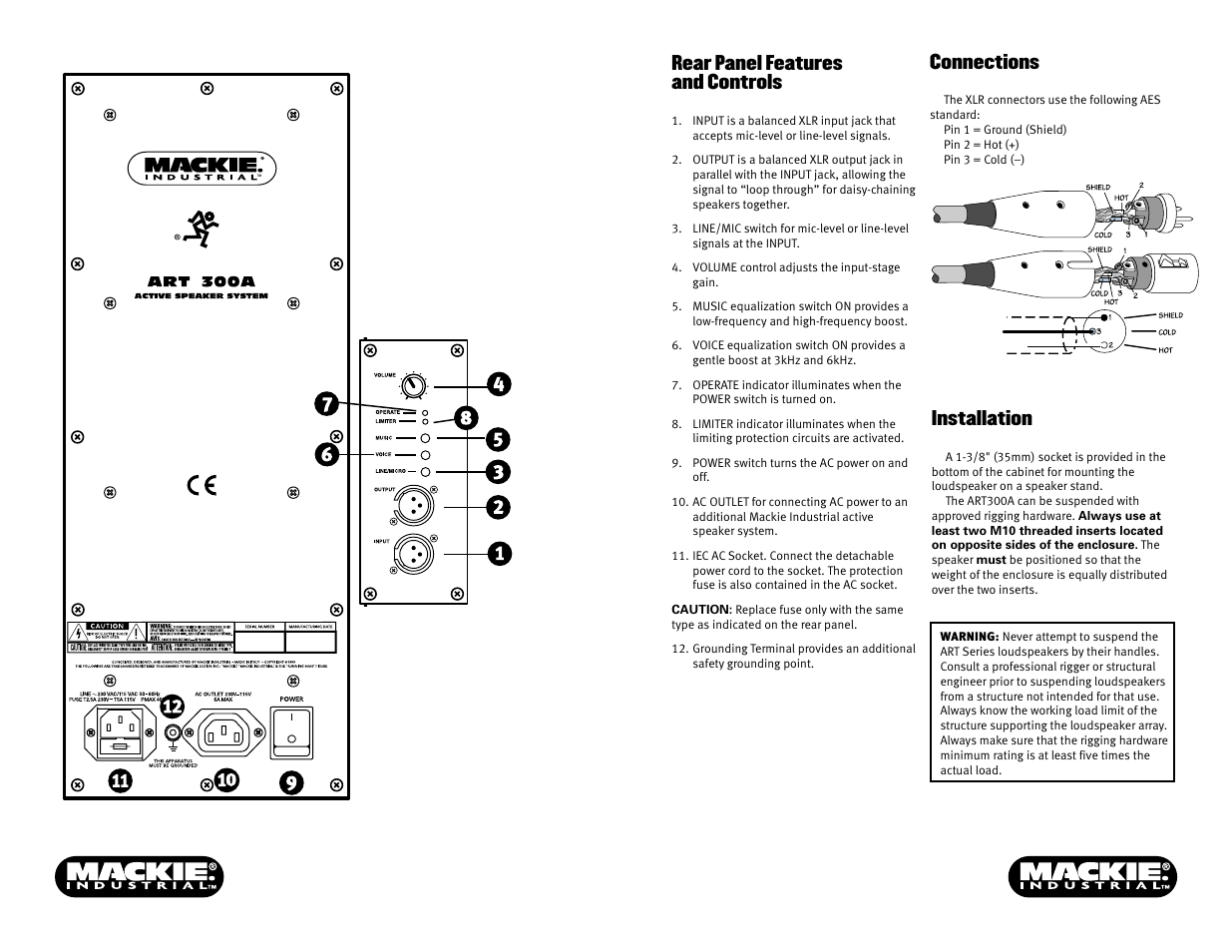 Rear panel features and controls, Installation, Connections | MACKIE ART300A User Manual | Page 2 / 2