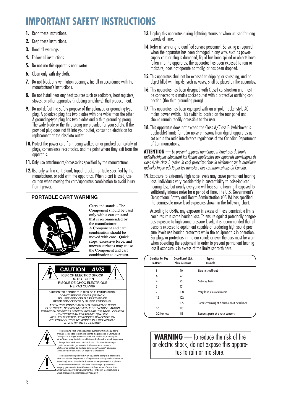 Important safety instructions, Caution avis | MACKIE SR1522Z User Manual | Page 2 / 12