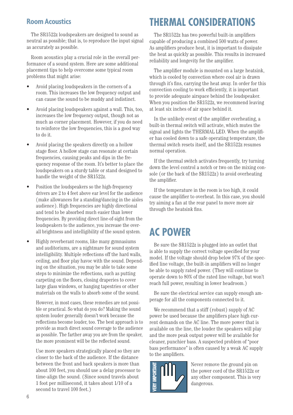 Room acoustics, Thermal considerations, Ac power | MACKIE SR1522Z User Manual | Page 6 / 12