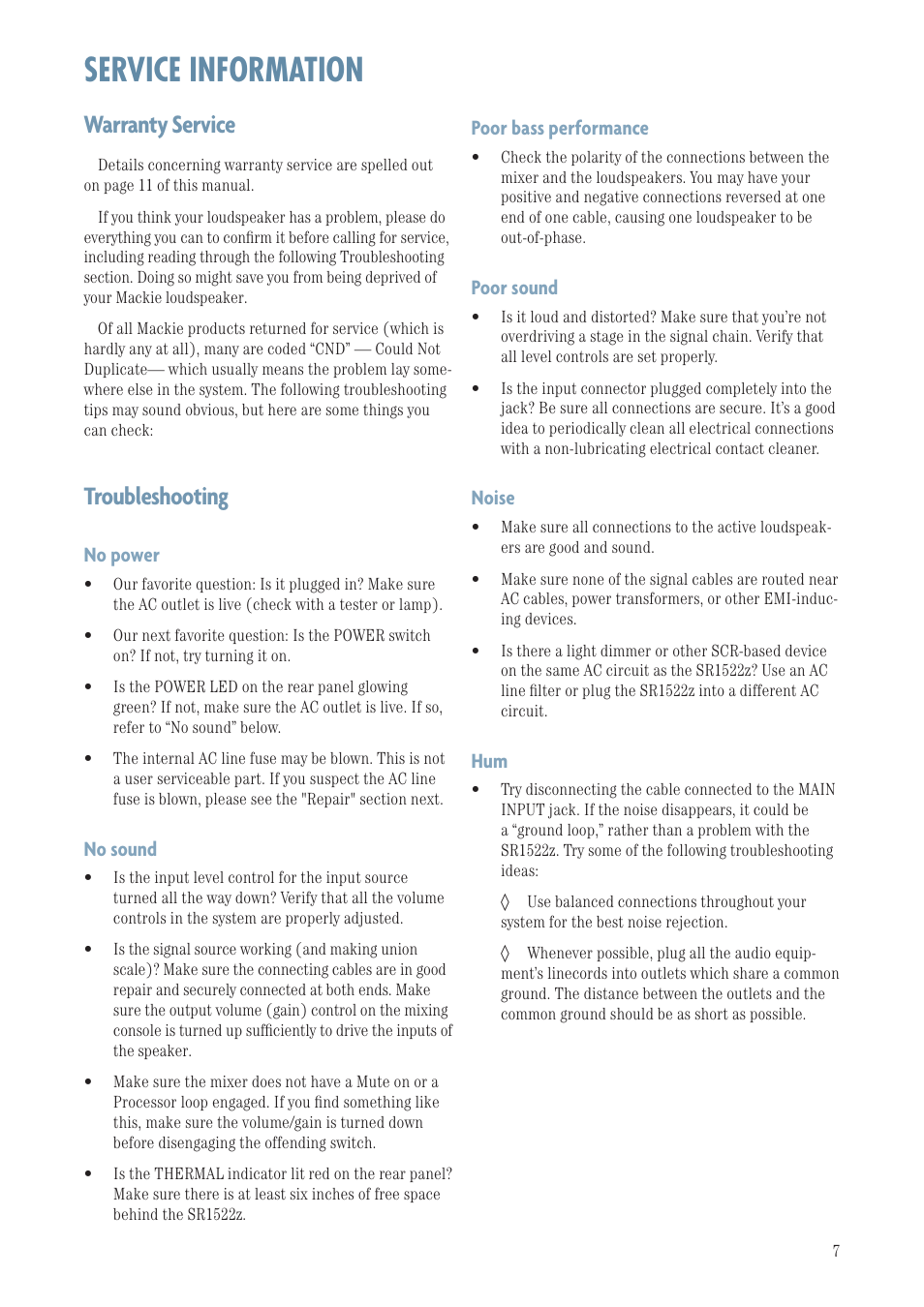 Service information, Warranty service, Troubleshooting | Poor bass performance, Poor sound, Noise, No power, No sound | MACKIE SR1522Z User Manual | Page 7 / 12