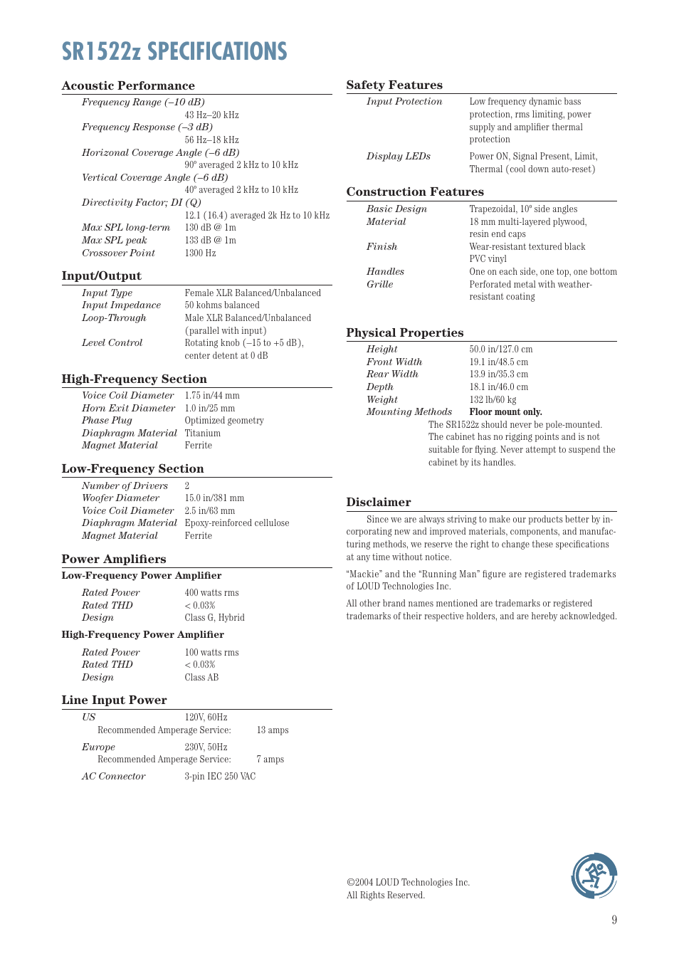 Sr1522z specifications | MACKIE SR1522Z User Manual | Page 9 / 12