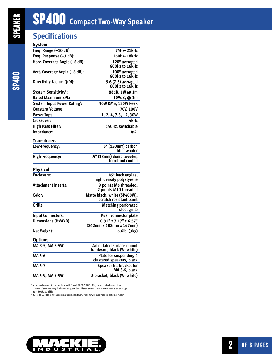 Sp400, Compact two-way speaker, Speaker | Specifications | MACKIE SP400 User Manual | Page 2 / 6