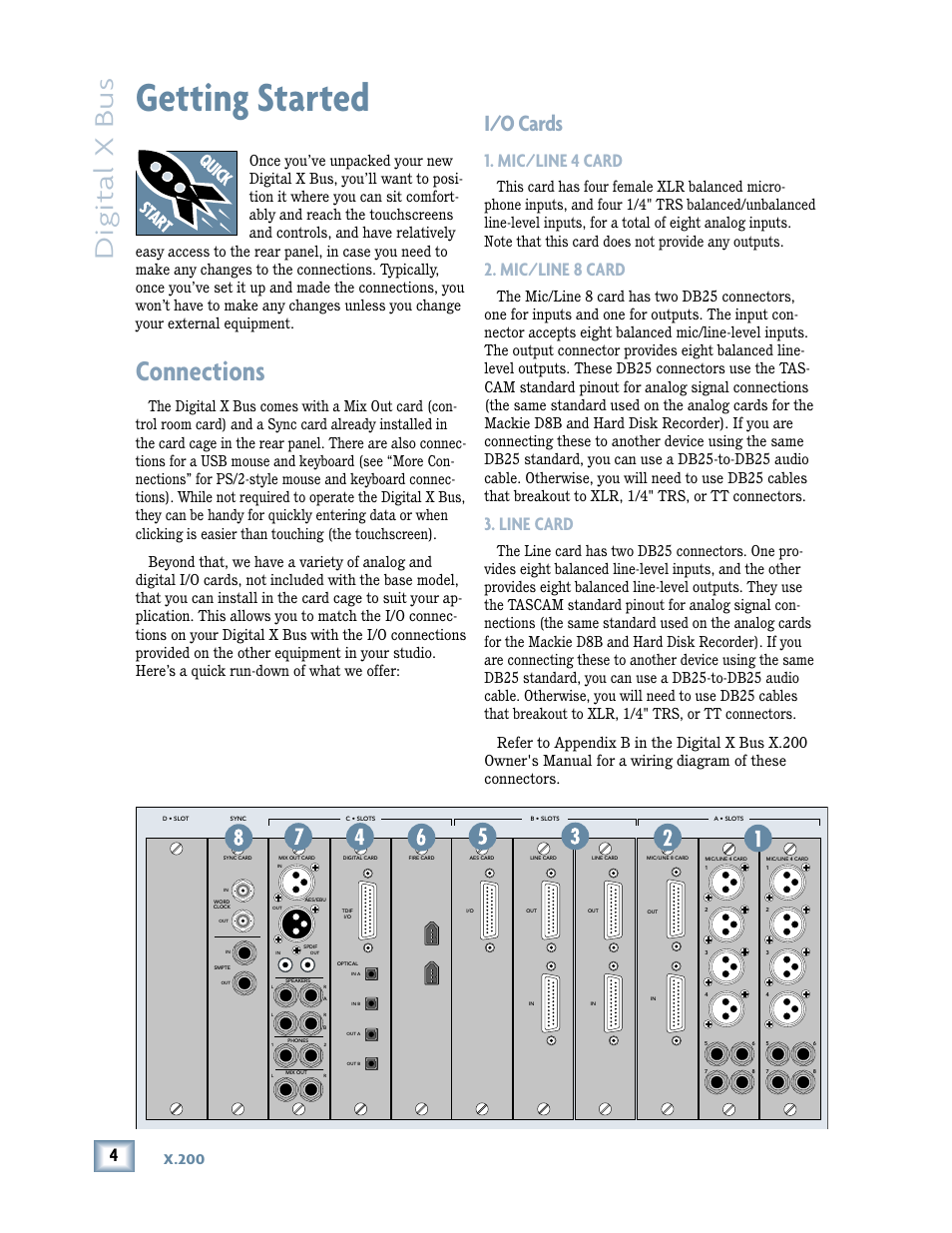 Getting started, Connections, I/o cards | Mic/line 4 card, Mic/line 8 card, Line card, Mic/line 4 card 2. mic/line 8 card 3. line card, Digital x bus, X.200 | MACKIE X.200 User Manual | Page 4 / 16