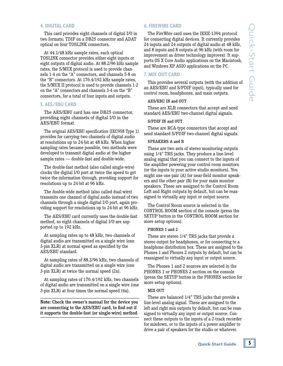 Digital card, Aes/ebu card, Firewire card | Mix out card, Quick -star t guide | MACKIE X.200 User Manual | Page 5 / 16