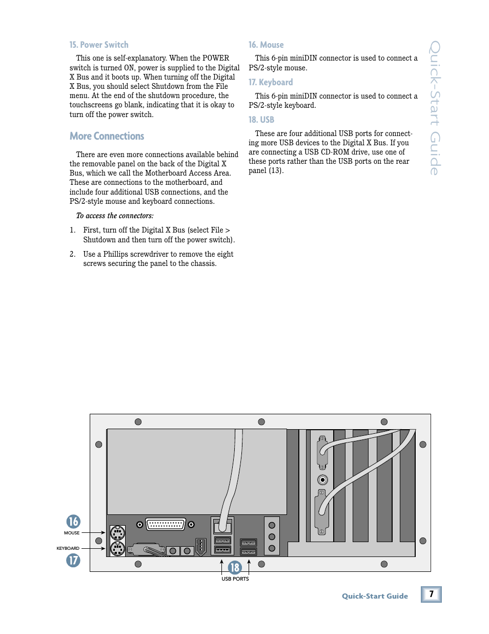 Power switch, More connections, Mouse | Keyboard, Mouse 17. keyboard 18. usb, Quick -star t guide | MACKIE X.200 User Manual | Page 7 / 16