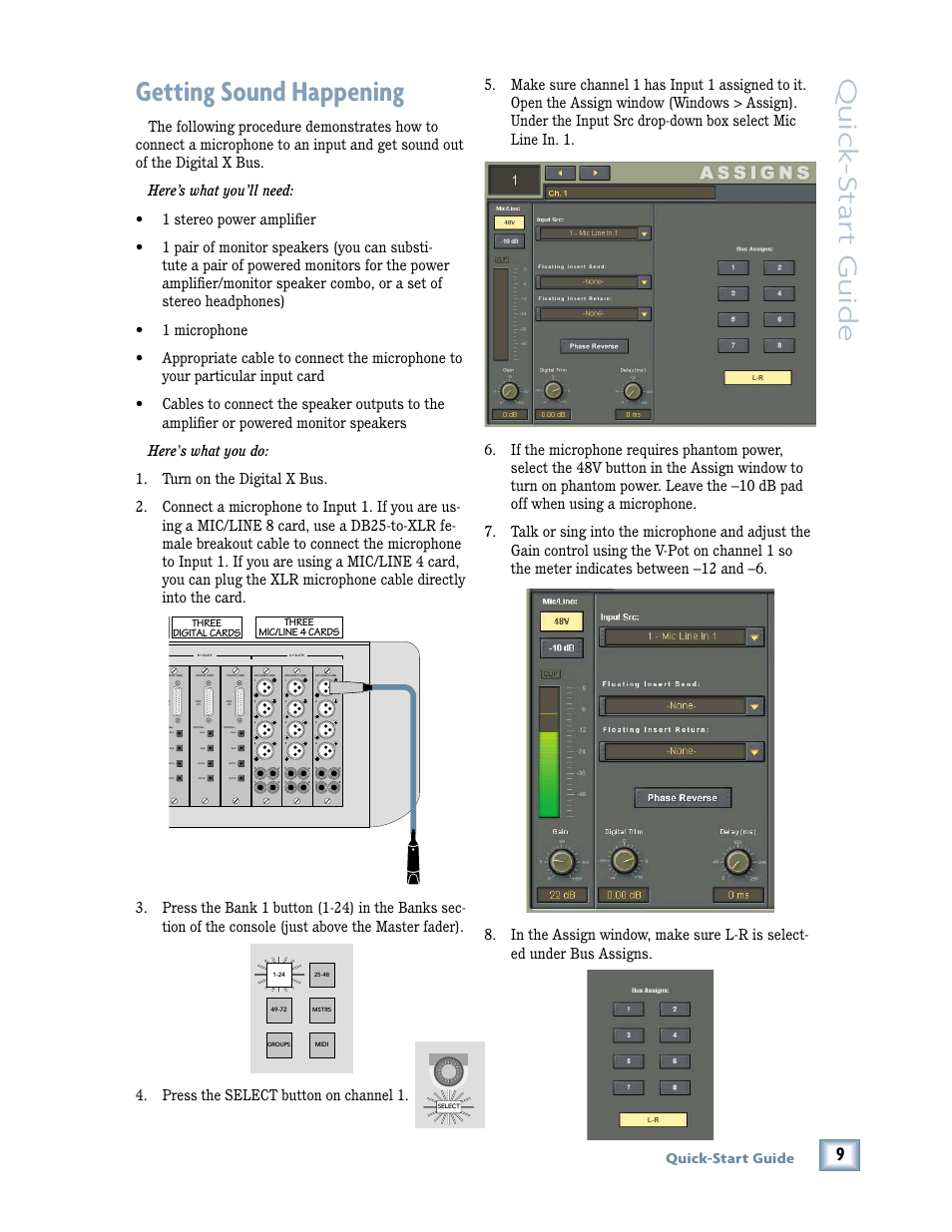 Getting sound happening, Quick -star t guide, Quick-start guide | Press the select button on channel 1 | MACKIE X.200 User Manual | Page 9 / 16