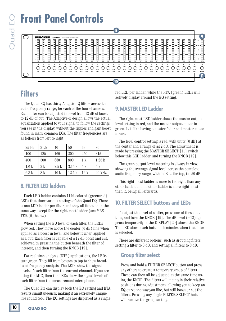 Front panel controls, Led ladders, Master level and output level meter | Filter select buttons and leds, Filters, Owner’ s manual, Filter led ladders, Master led ladder, Group filter select, Quad eq | MACKIE QUAD EQ User Manual | Page 10 / 24