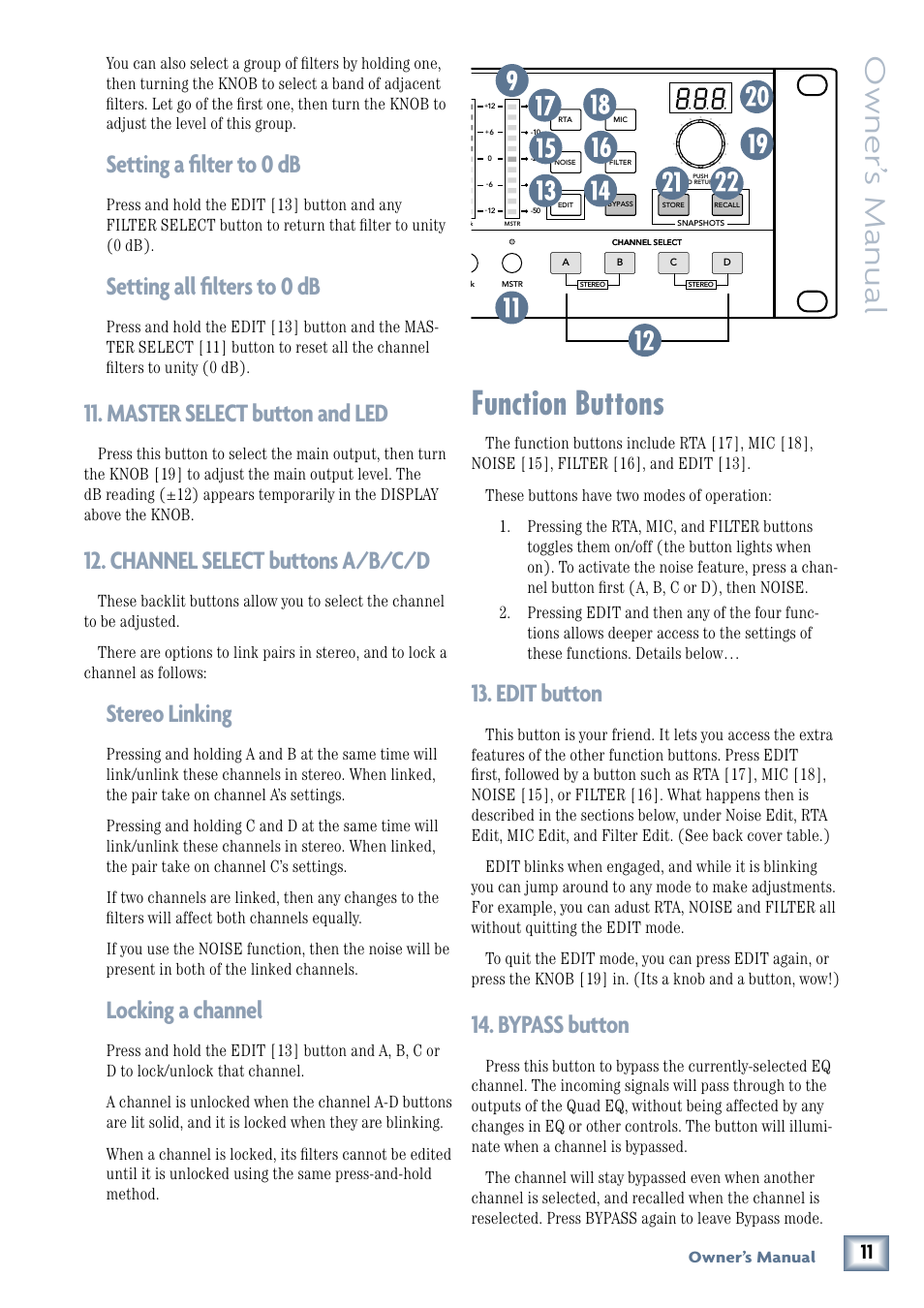Master select button and led, A/b/c/d buttons, Edit button | Bypass button, Function buttons, Owner’ s manual, Setting a filter to 0 db, Setting all filters to 0 db, Channel select buttons a/b/c/d, Stereo linking | MACKIE QUAD EQ User Manual | Page 11 / 24