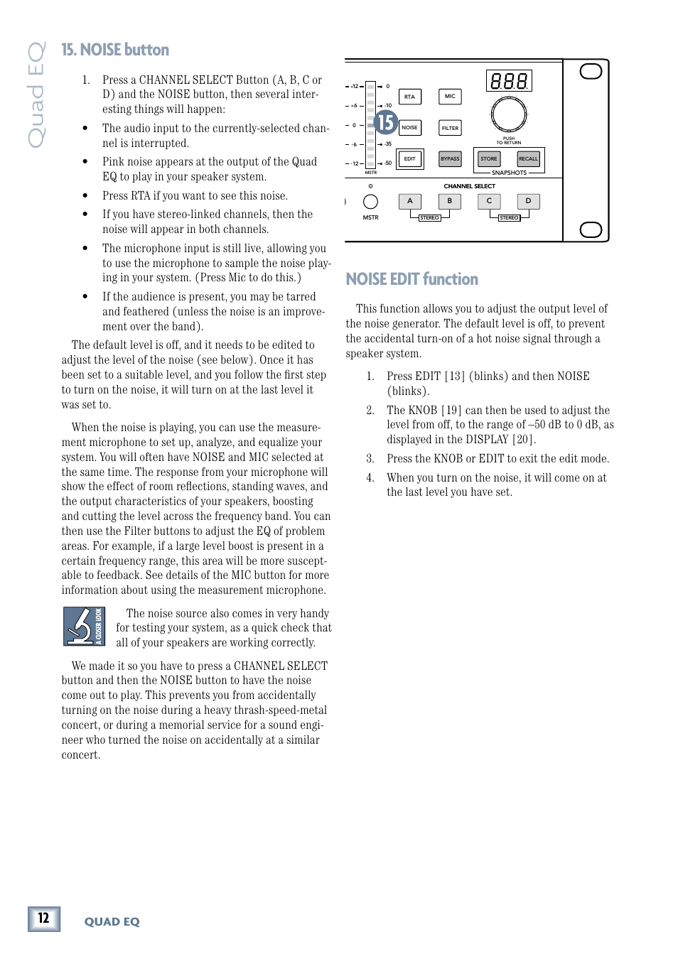Noise button, Noise edit function, Noise button noise edit function | Owner’ s manual, Quad eq, Owner’s manual | MACKIE QUAD EQ User Manual | Page 12 / 24