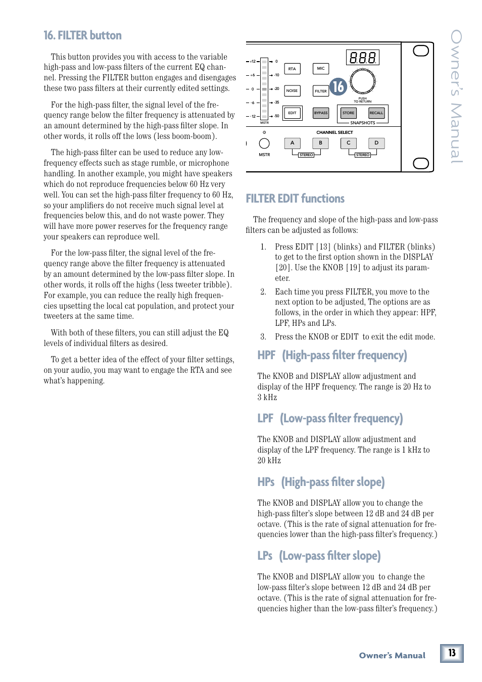 Filter button, Filter edit functions, Filter button filter edit functions | Owner’ s manual, Hpf (high-pass filter frequency), Lpf (low-pass filter frequency), Hps (high-pass filter slope), Lps (low-pass filter slope), Quad eq, Owner’s manual | MACKIE QUAD EQ User Manual | Page 13 / 24