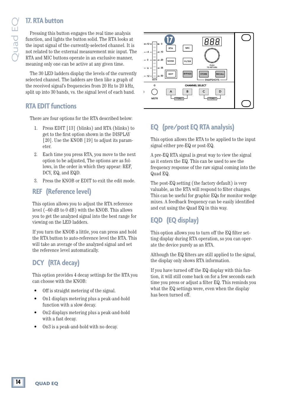 Rta button, Rta edit functions, Rta button rta edit functions | Owner’ s manual, Ref (reference level), Dcy (rta decay), Eq (pre/post eq rta analysis), Eqd (eq display), Quad eq, Owner’s manual | MACKIE QUAD EQ User Manual | Page 14 / 24