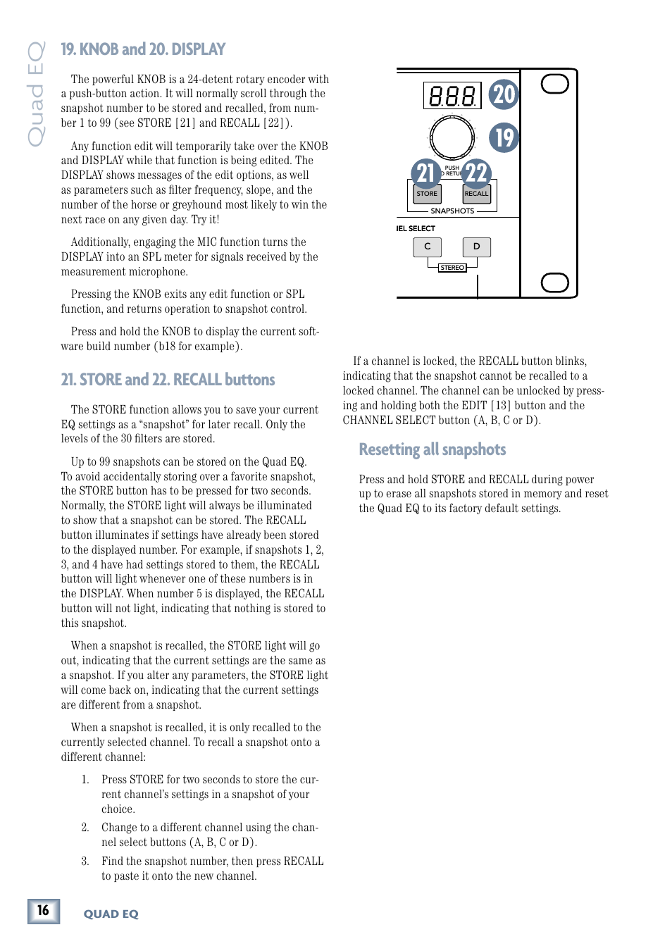 Knob and 20. display, Store and 22. recall buttons, Owner’ s manual | Resetting all snapshots, Quad eq, Owner’s manual | MACKIE QUAD EQ User Manual | Page 16 / 24