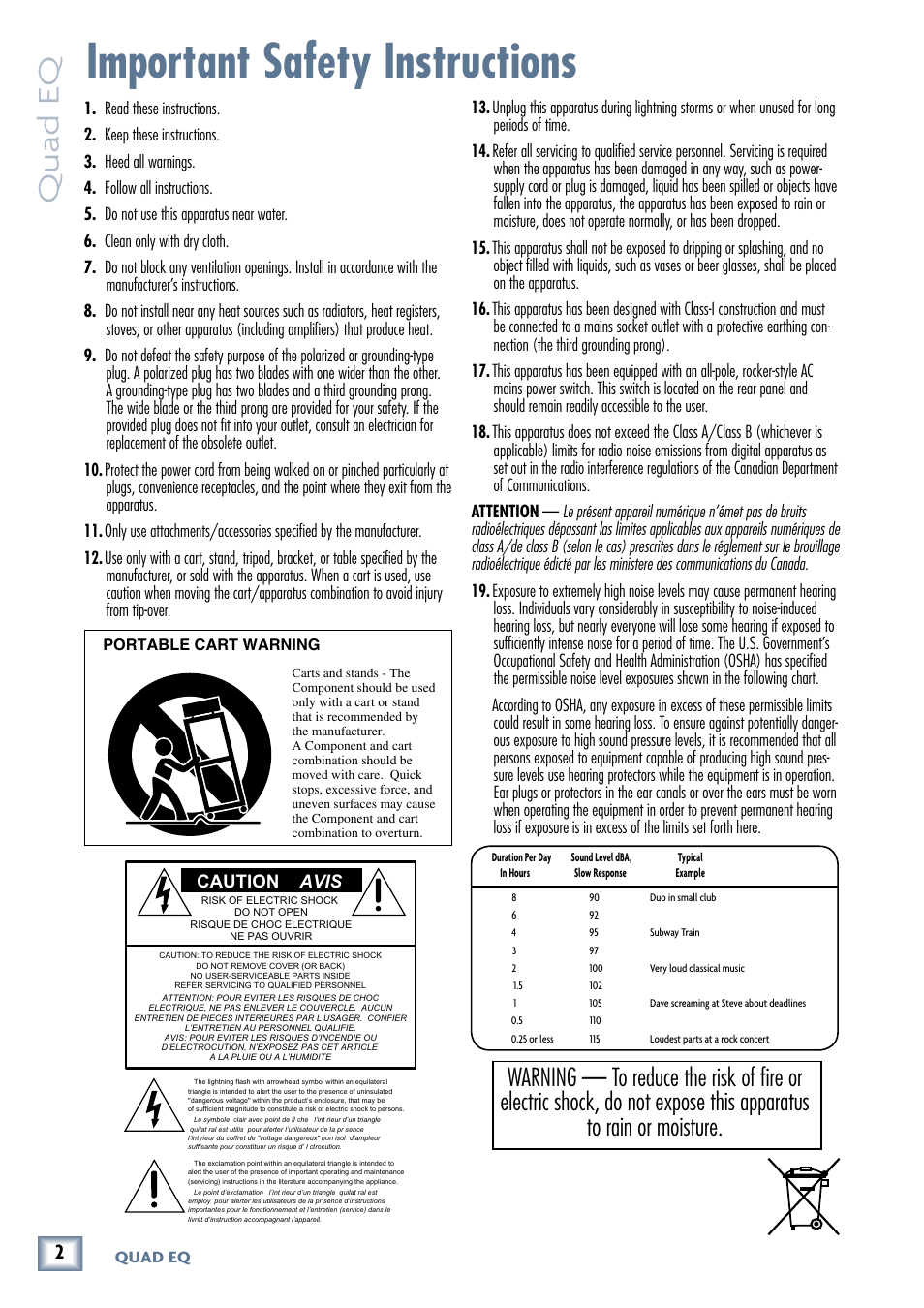 Important safety instructions, Quad eq, Owner’ s manual | MACKIE QUAD EQ User Manual | Page 2 / 24