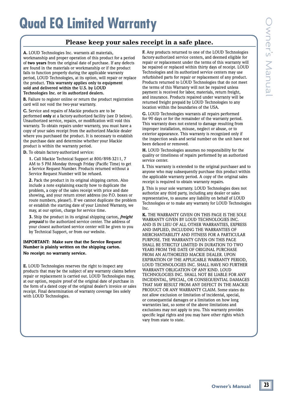 Quad eq limited warranty, Quad eq, Owner’ s manual | Please keep your sales receipt in a safe place | MACKIE QUAD EQ User Manual | Page 23 / 24