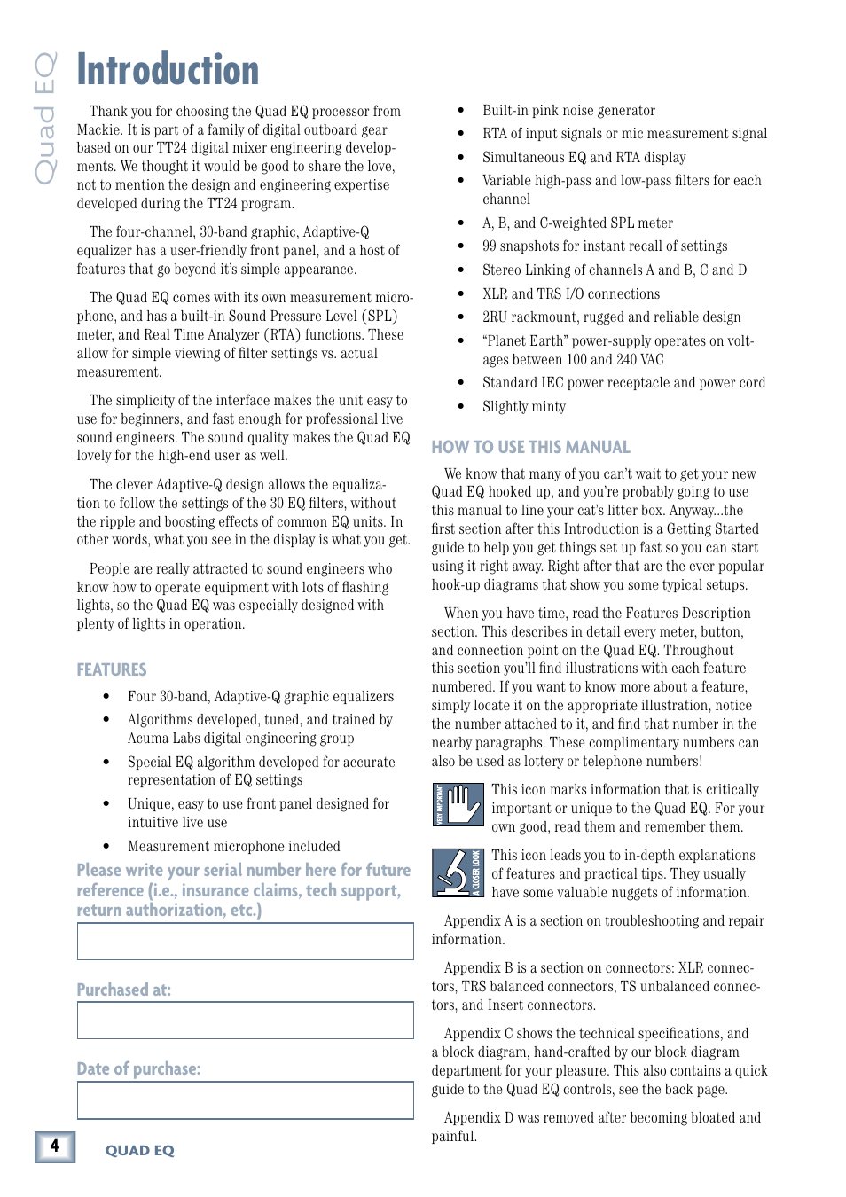 Introduction, Quad eq, Owner’ s manual | MACKIE QUAD EQ User Manual | Page 4 / 24