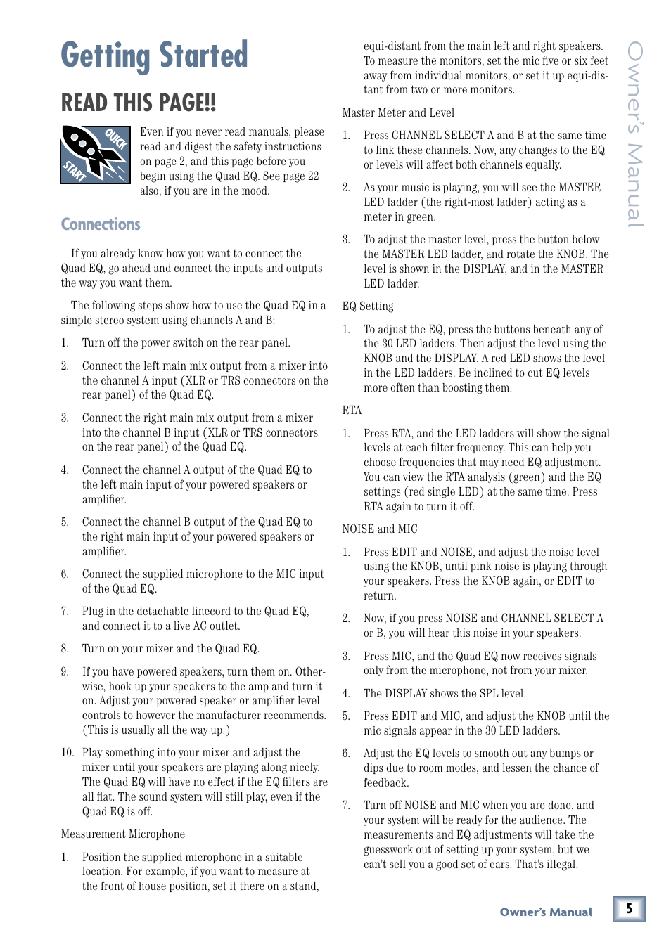 Getting started, Read this page, Quad eq | Owner’ s manual, Connections | MACKIE QUAD EQ User Manual | Page 5 / 24
