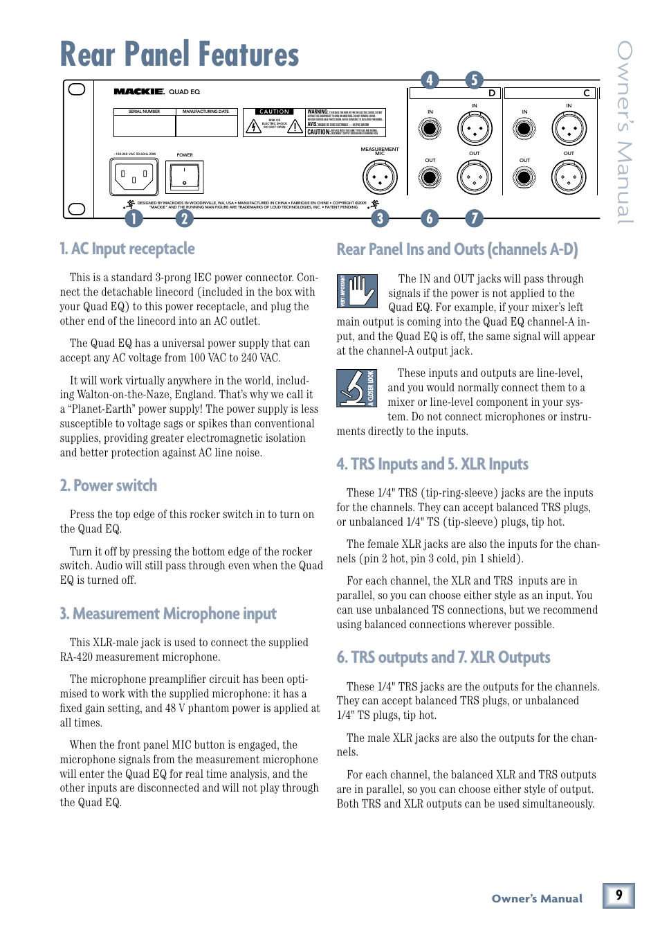 Rear panel features, Ac input receptacle, Power switch | Measurement microphone input, Channel trs inputs, Channel xlr inputs, Channel trs outputs, Channel xlr outputs, Quad eq, Owner’ s manual | MACKIE QUAD EQ User Manual | Page 9 / 24