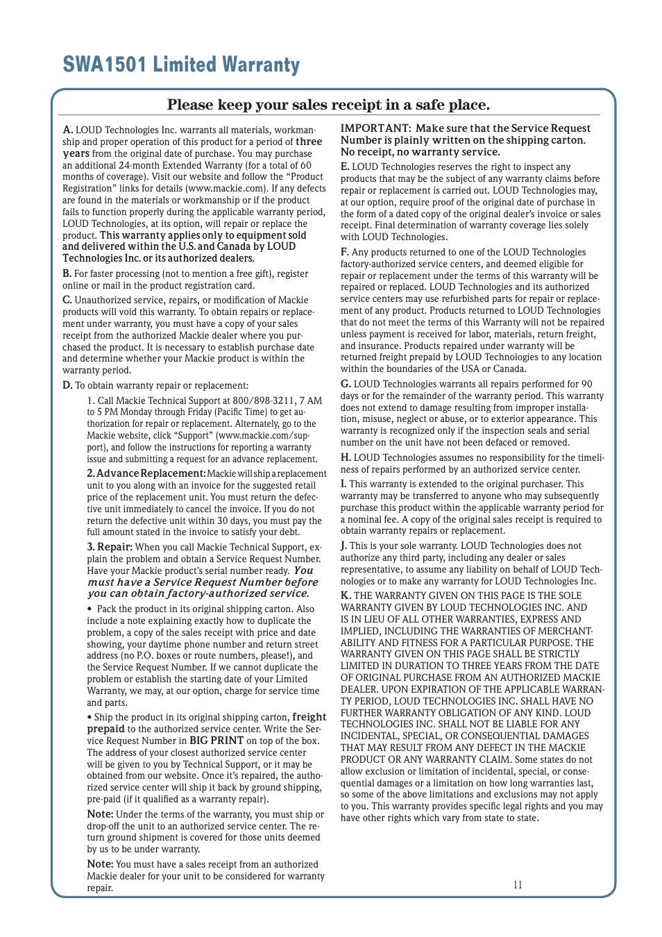 Swa1501 limited warranty, Please keep your sales receipt in a safe place | MACKIE SWA1501 User Manual | Page 11 / 12