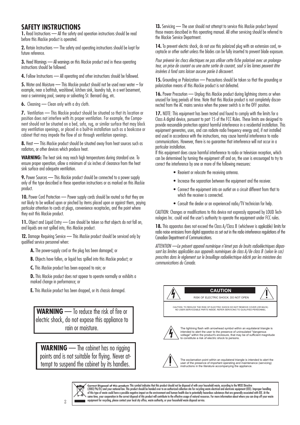 Safety instructions | MACKIE SWA1501 User Manual | Page 2 / 12