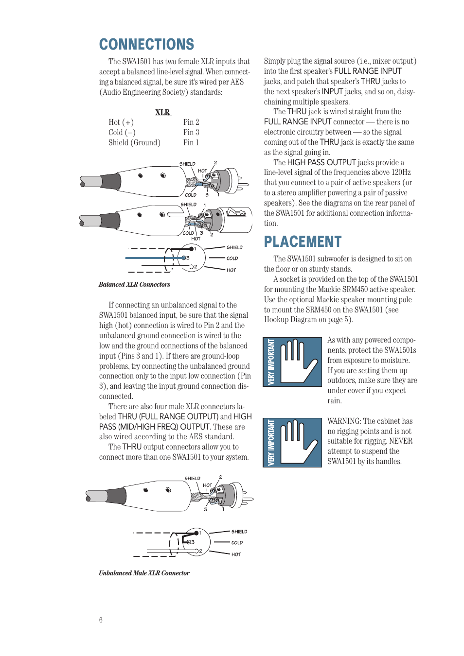 Connections, Placement | MACKIE SWA1501 User Manual | Page 6 / 12
