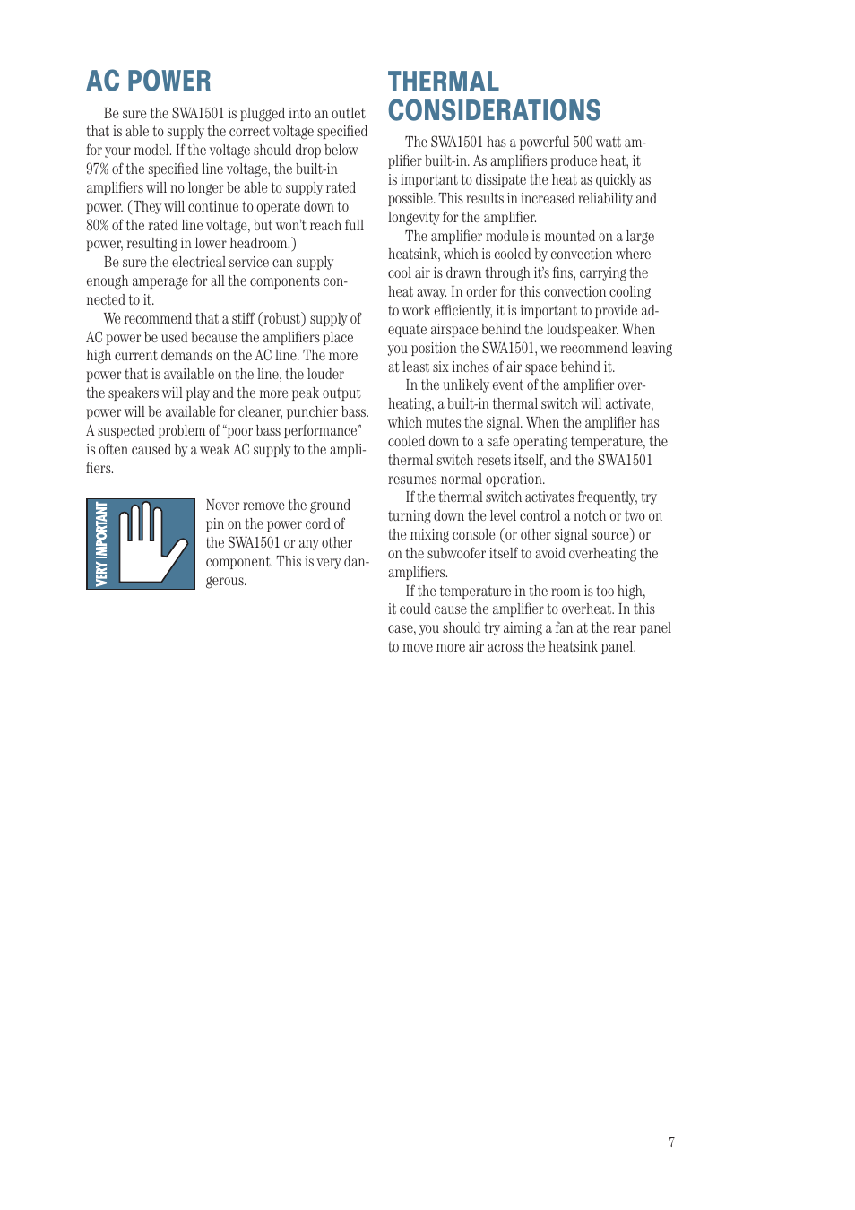 Ac power, Thermal considerations | MACKIE SWA1501 User Manual | Page 7 / 12