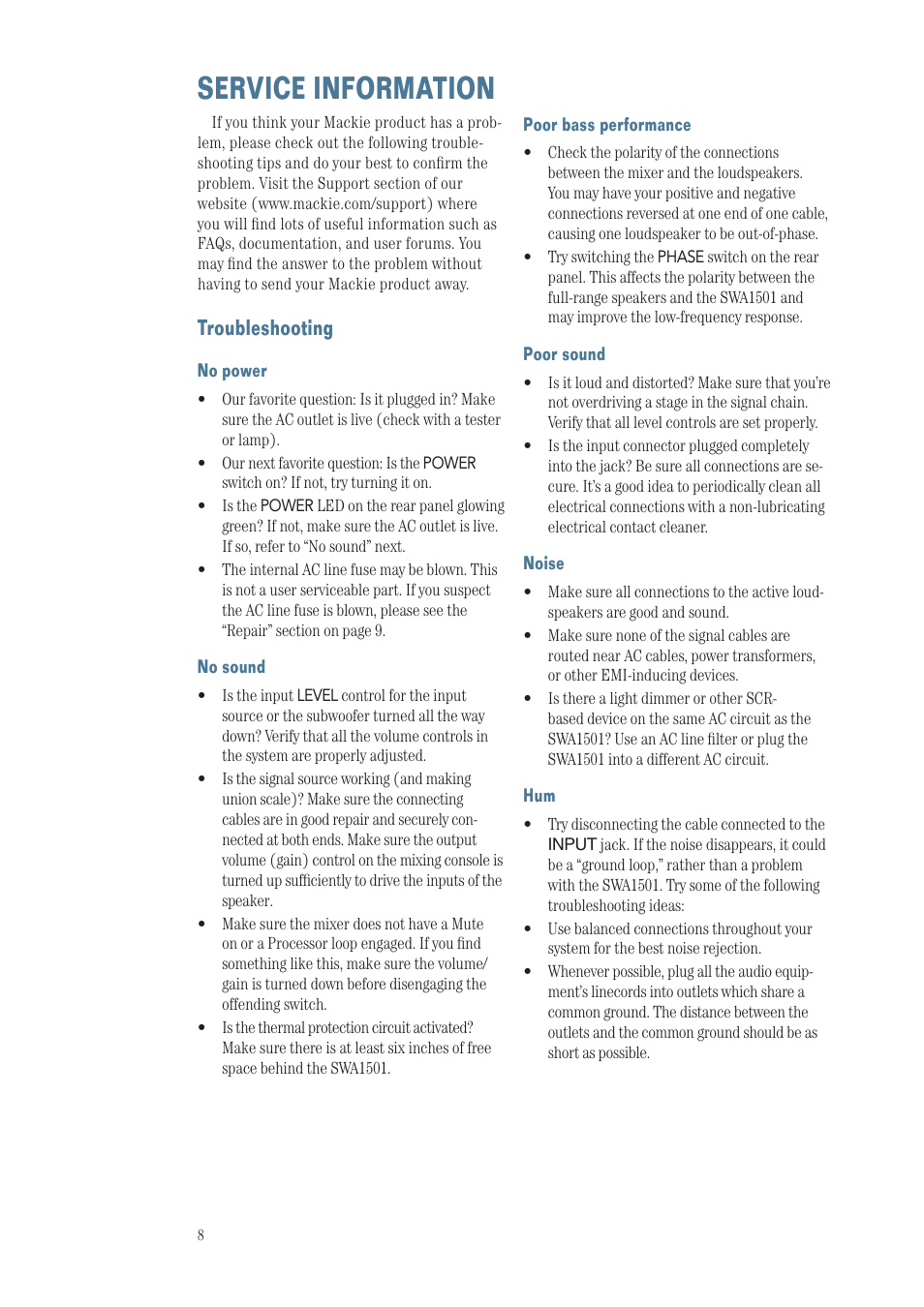 Service information, Troubleshooting | MACKIE SWA1501 User Manual | Page 8 / 12