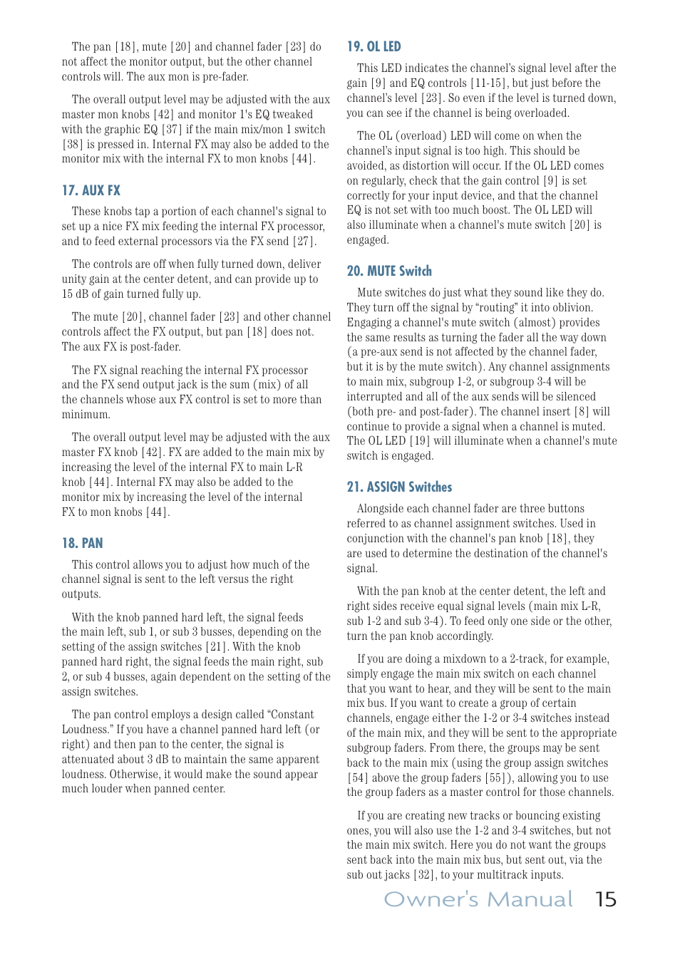 Owner's manual 15 | MACKIE PROFESSIONAL MIC/LINE MIXERS WITH FX AND USB I/O PROFX16 User Manual | Page 15 / 36