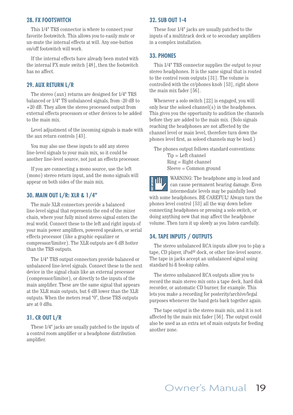 Owner's manual 19 | MACKIE PROFESSIONAL MIC/LINE MIXERS WITH FX AND USB I/O PROFX16 User Manual | Page 19 / 36
