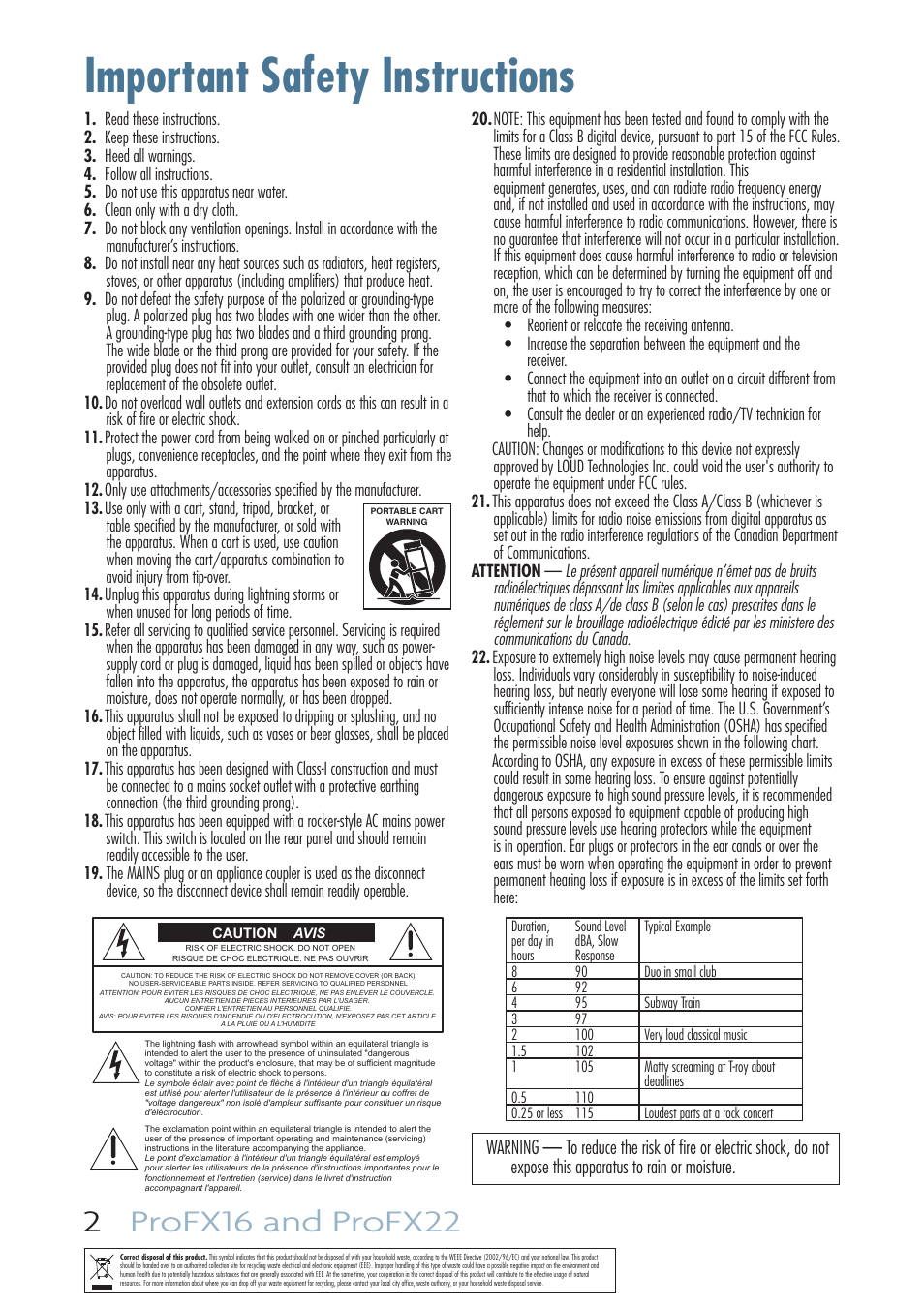 Important safety instructions | MACKIE PROFESSIONAL MIC/LINE MIXERS WITH FX AND USB I/O PROFX16 User Manual | Page 2 / 36
