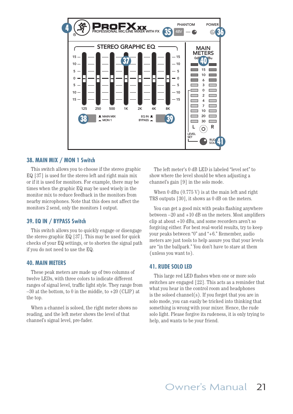 Owner's manual 21, Main mix / mon 1 switch, Eq in / bypass switch | Main meters, Rude solo led, Stereo graphic eq | MACKIE PROFESSIONAL MIC/LINE MIXERS WITH FX AND USB I/O PROFX16 User Manual | Page 21 / 36
