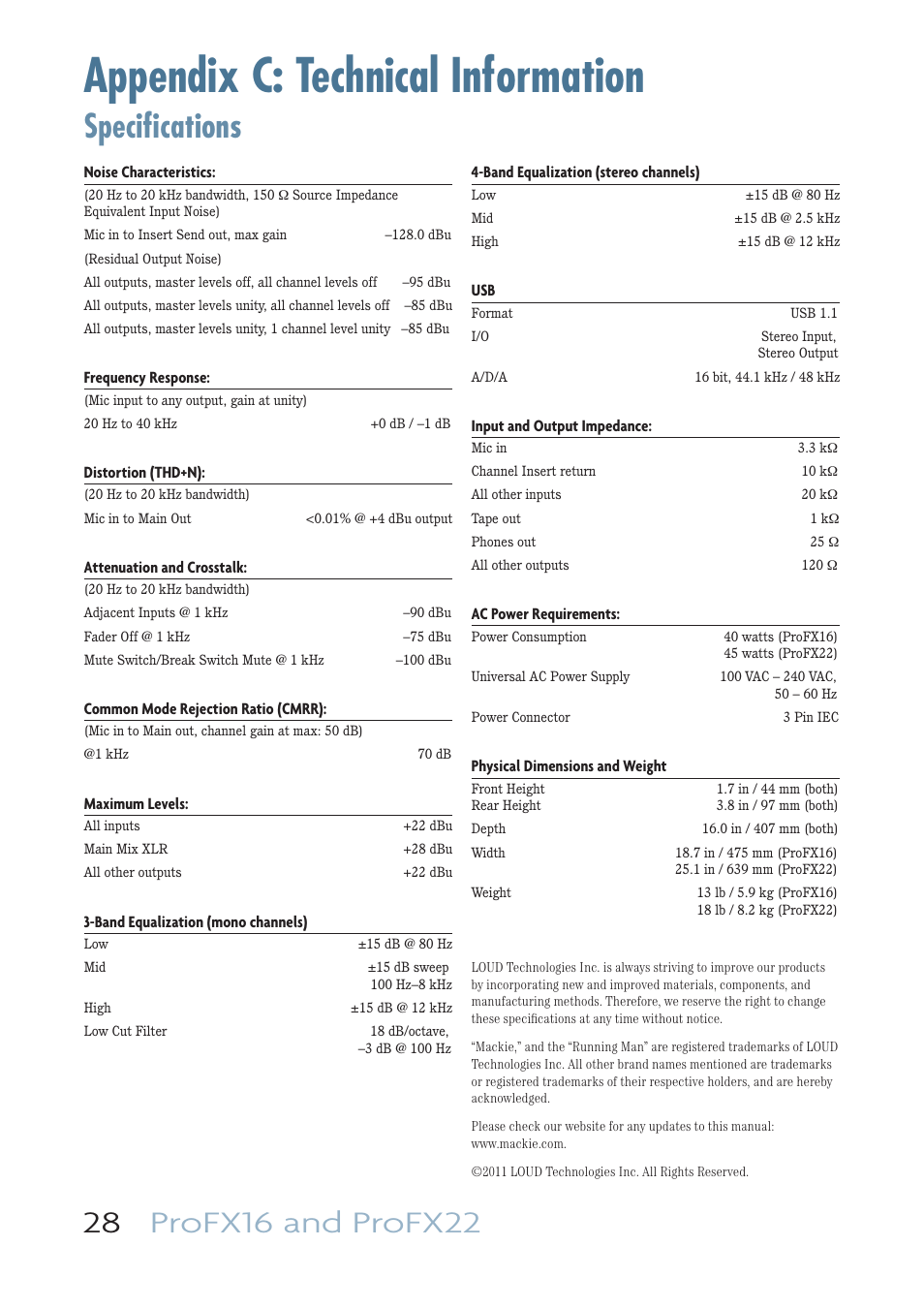 Appendix c: technical information, Specifications | MACKIE PROFESSIONAL MIC/LINE MIXERS WITH FX AND USB I/O PROFX16 User Manual | Page 28 / 36