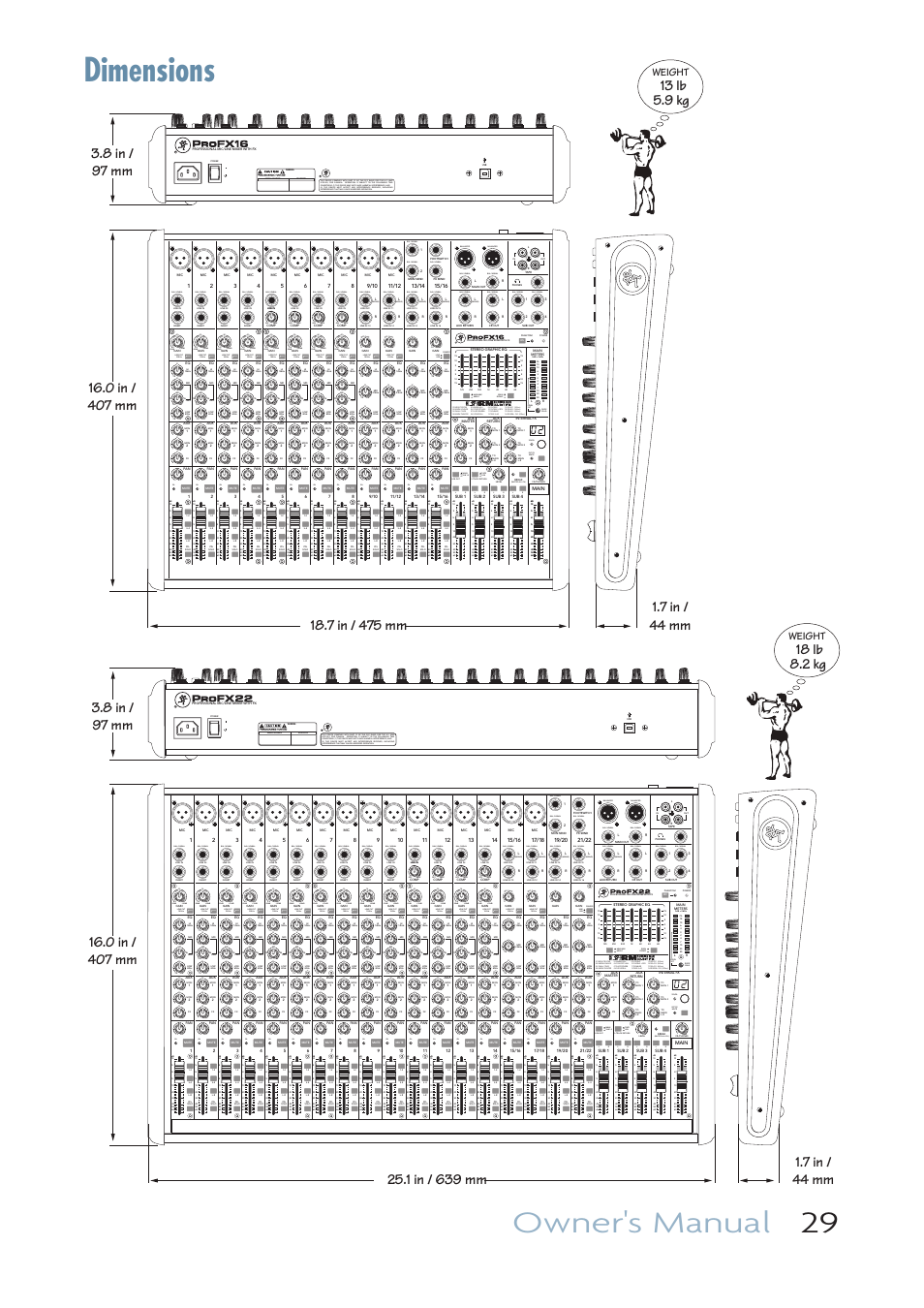 Dimensions, Owner's manual 29, 13 lb | 18 lb, Level set rude solo, Mono), Low cut, U+50 mi c gain u +50 mi c gain u low cut low cut, Source line usb, Off max | MACKIE PROFESSIONAL MIC/LINE MIXERS WITH FX AND USB I/O PROFX16 User Manual | Page 29 / 36